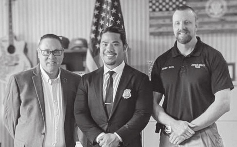 Mayor Matt Burke (left) at the swearing-in of new Officer Sta. Ana (center), with Police Chief Mark Kaye.